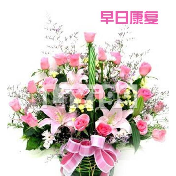 祝早日康复 21朵粉玫瑰,3朵粉香水百合手提花篮